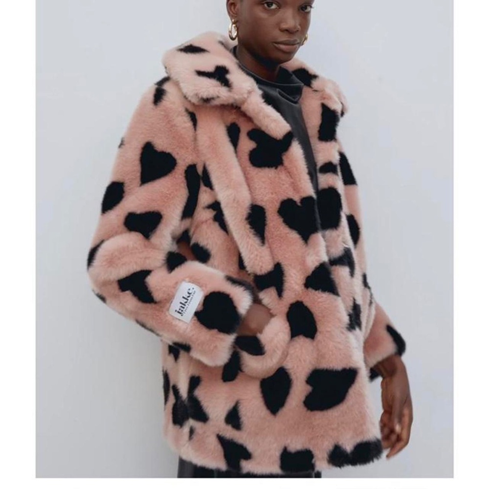 JAKKE Tilly Faux Fur Jacket - Heather Pink & Black HEART Print US8